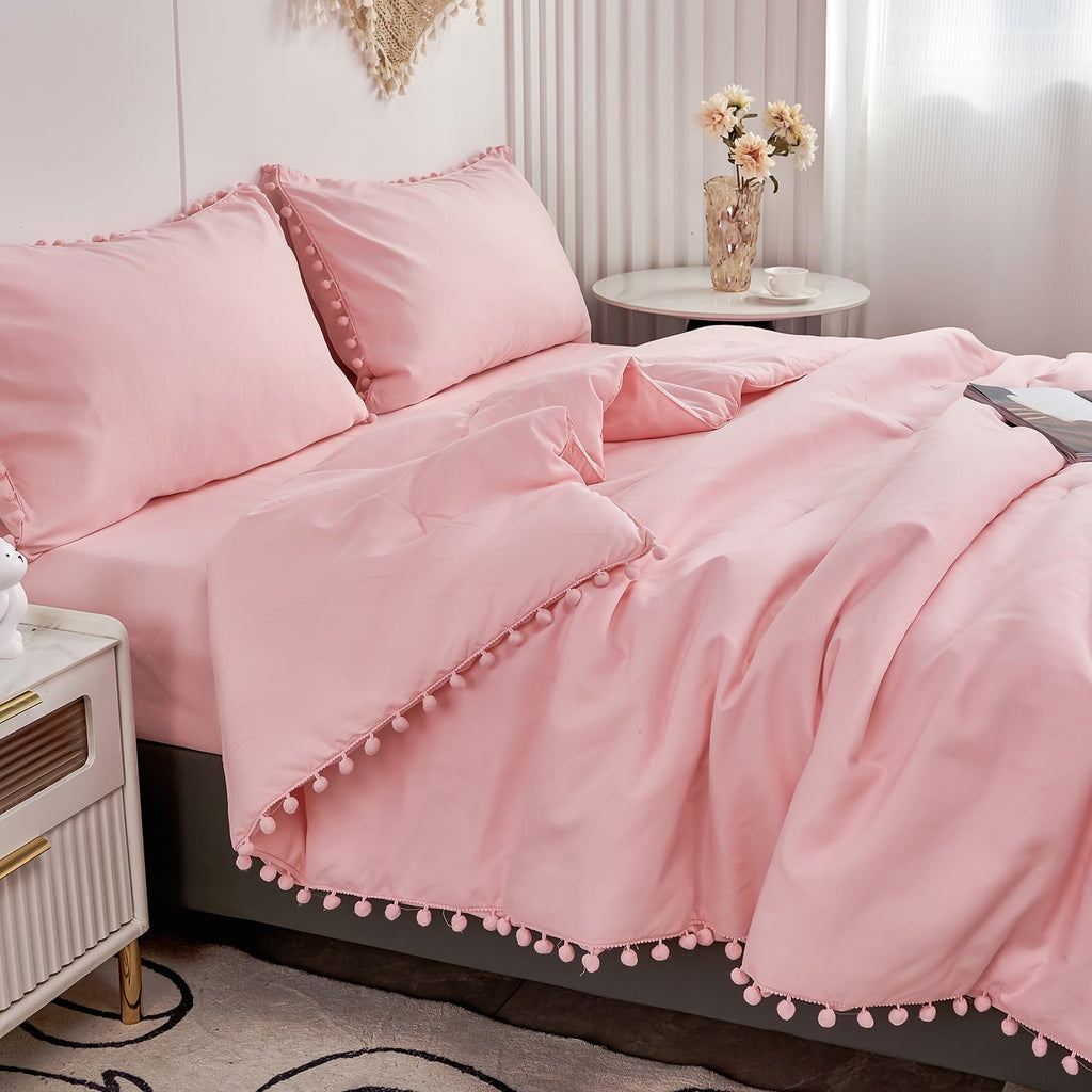 Luxurious Quilted Pink Full Size Comforter Set Pom Fringe 3 Pcs Boho Chic Cute Ball Pom Blush Bedding Set Cali Soft Lightweight Solid B... - Hypoallergenic Ultra-Fluffy Quilt for Winter Detail