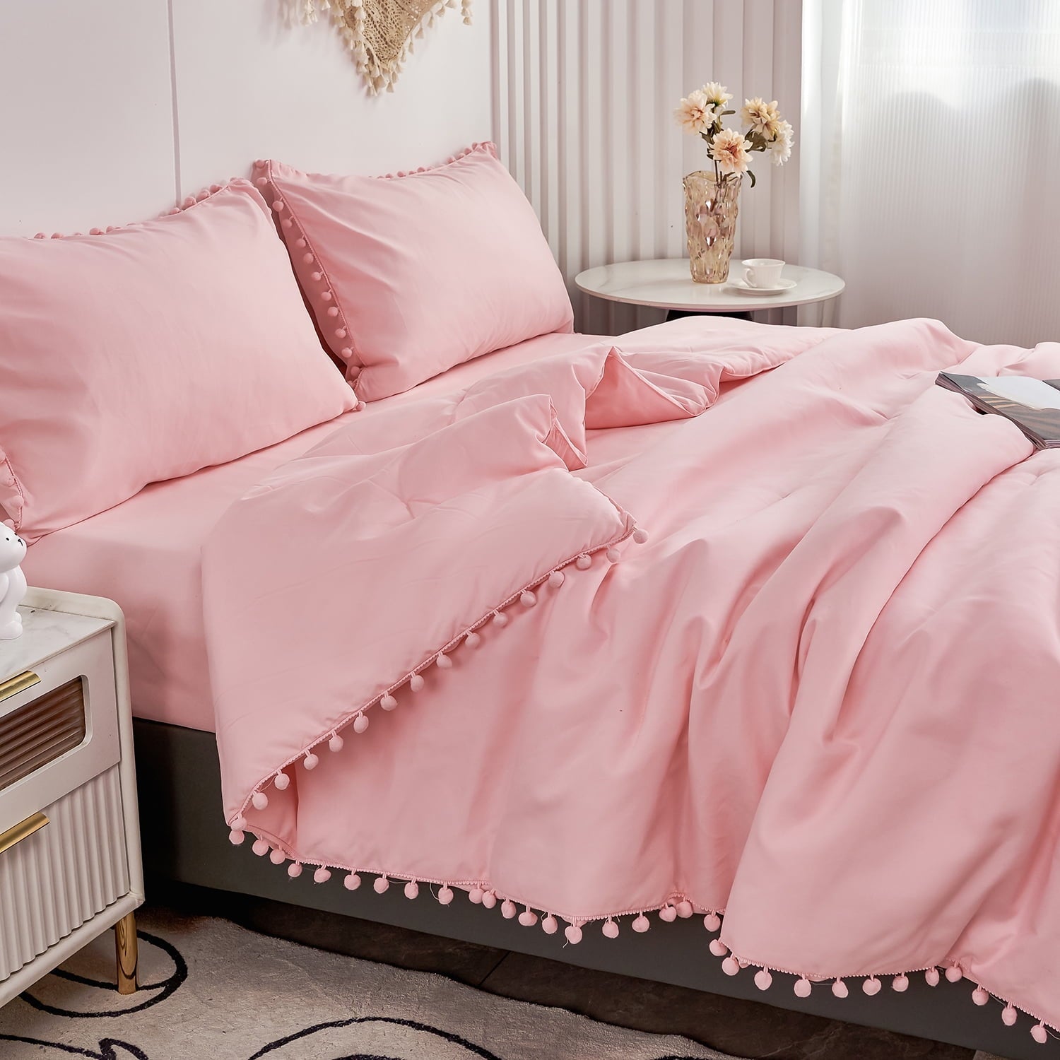 Luxurious Quilted Pink Full Size Comforter Set Pom Fringe 3 Pcs Boho Chic Cute Ball Pom Blush Bedding Set Cali Soft Lightweight Solid B... - Hypoallergenic Ultra-Fluffy Quilt for Winter Detail