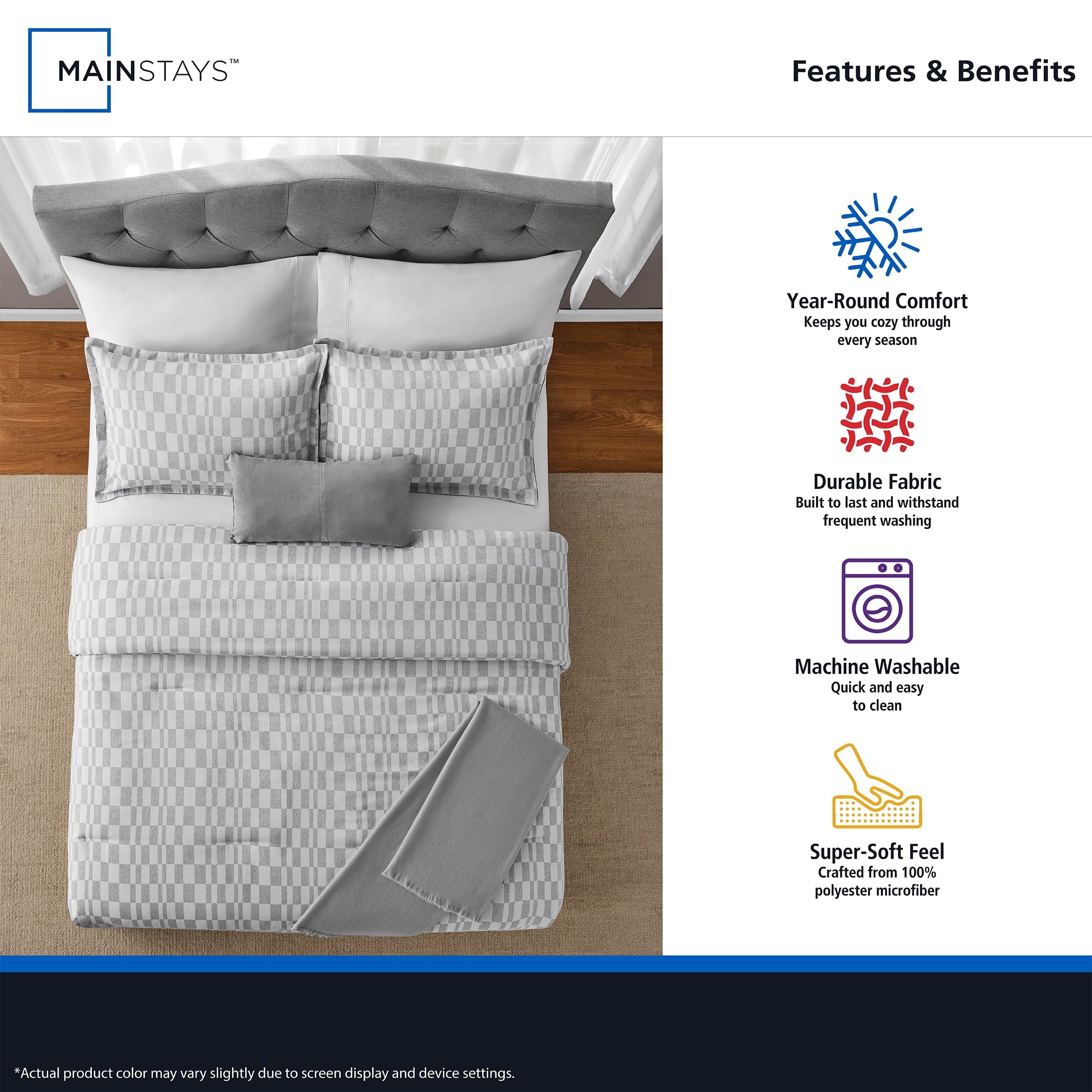 All-Season Full/Queen Comforter Set, All-Season, 5-Piece, Soft Silver Check - All-Season Down Alternative Comforter Insert Detail