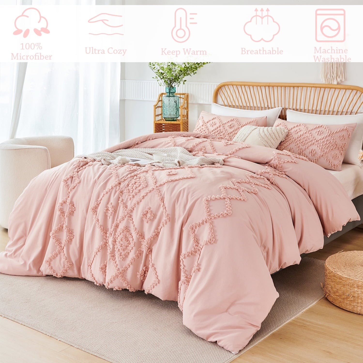 Heavyweight Warmth Pink Diamond Jacquard Comforter Set Queen 3 Pcs Bohemian Tufts Quilt Set for Kids Girls Adult 100% Soft Microfiber Be... - Luxurious Quilted Duvet Cover Set Detail