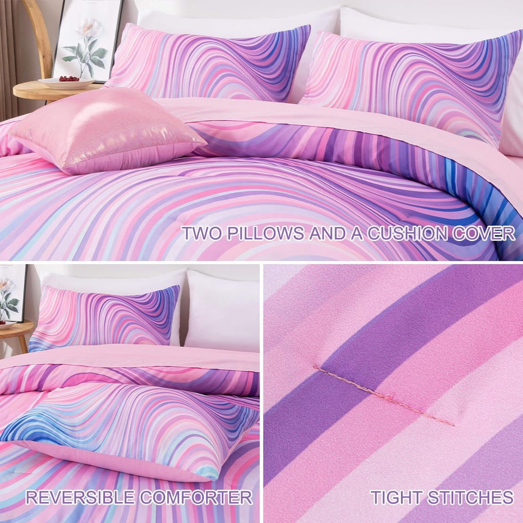 Luxurious Quilted 6 Pieces Gradient Star Ring Comforter Set, Colorful Glitter Rainbow Wave Stripes Pattern Bedding Set for Boys Girls T... - All-Season Down Alternative Comforter Insert Detail