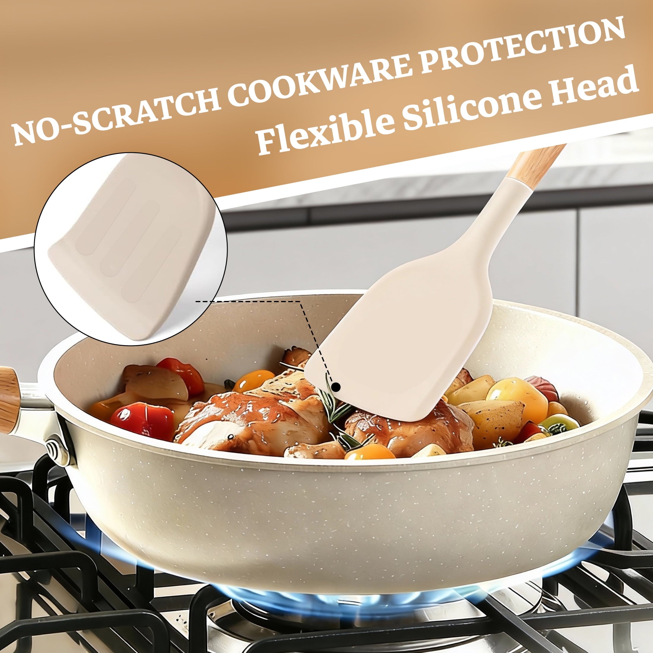 Seamless One-Piece 14-Piece Silicone Cooking Utensils Set, Non-Stick Kitchen Utensil Set for Baking, Flipping, Mixing, White - Premium Stainless Steel Cooking Utensil for Non-Stick Pots Detail