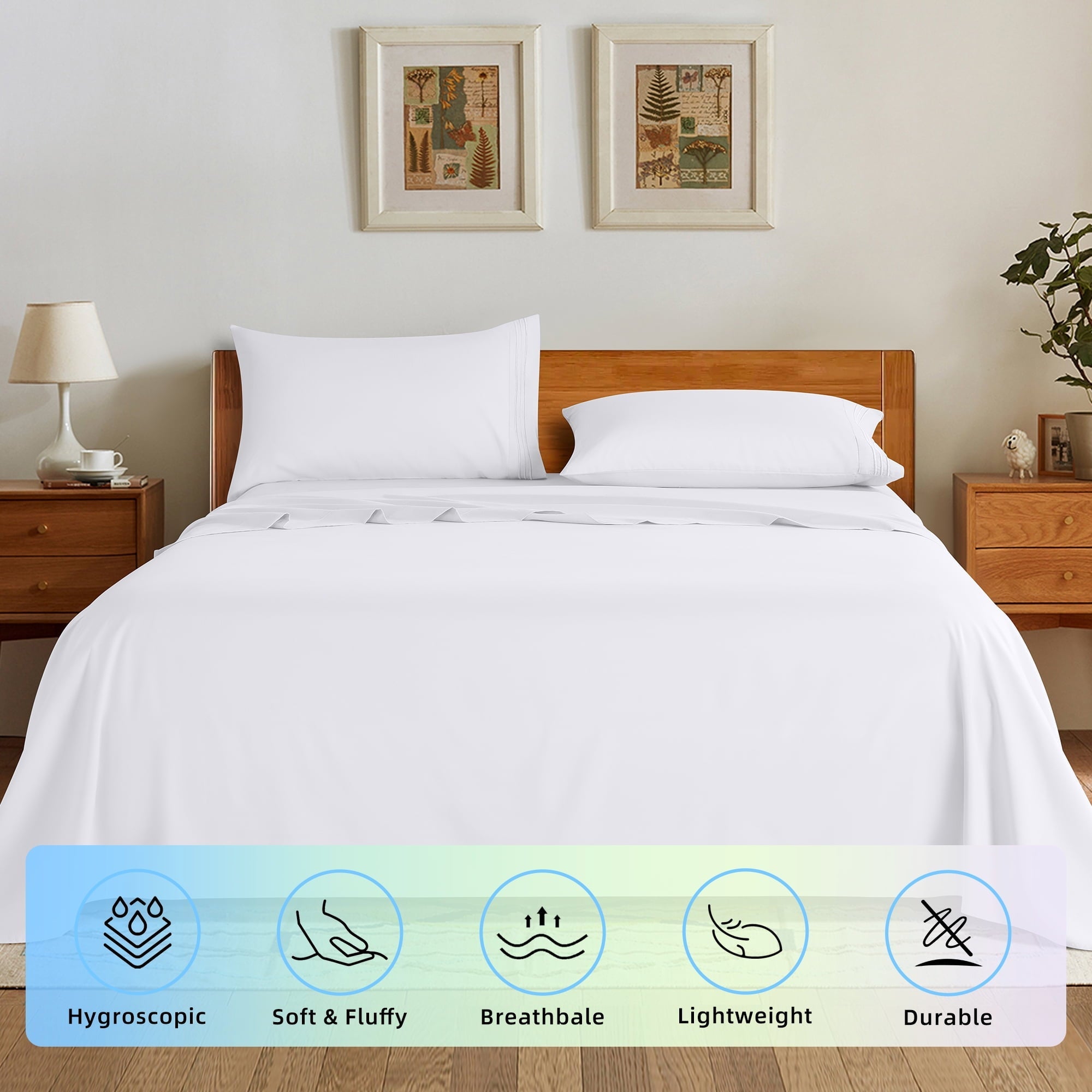 Ultra-Soft Bed Sheets Set, Microfiber Deep Pocket 4 Pieces Luxury Soft Sheet Set, Queen, White - Cooling Hotel Quality Bedding Sheets and Pillowcases Detail