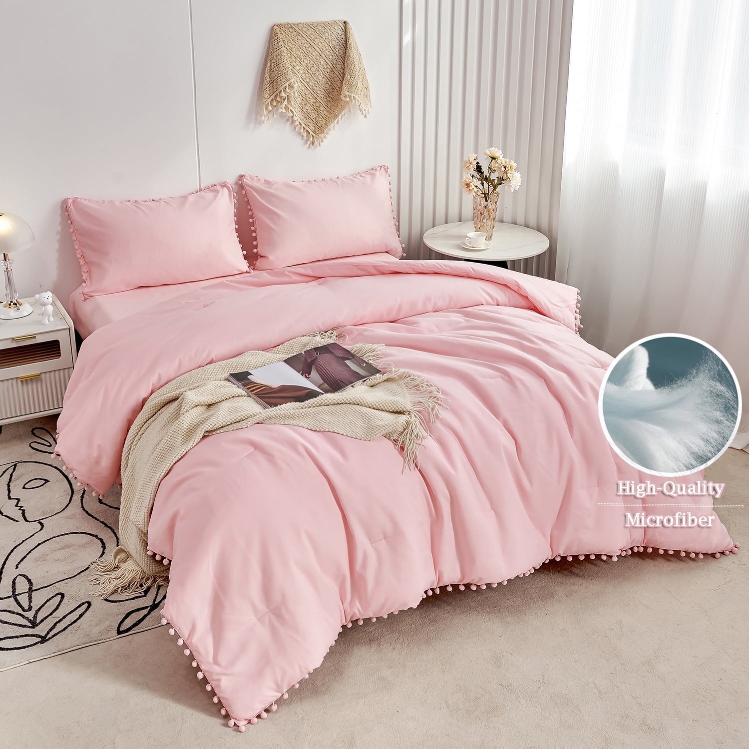Luxurious Quilted Pink Full Size Comforter Set Pom Fringe 3 Pcs Boho Chic Cute Ball Pom Blush Bedding Set Cali Soft Lightweight Solid B... - Hypoallergenic Ultra-Fluffy Quilt for Winter Detail