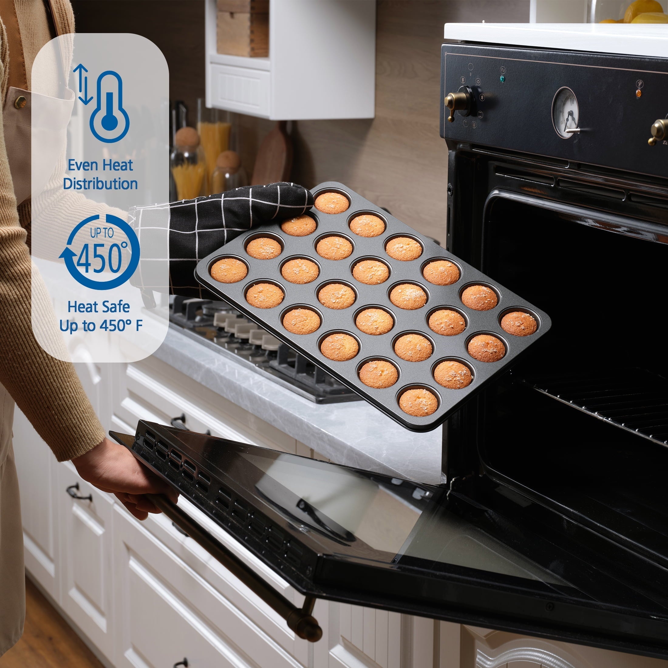 Premium Kitchen 24 Cavity Mini Muffin Pan, Non-Stick Bakeware,1.8 inch Diameter Cups,Gray,Carbon Steel - Premium Stainless Steel Garlic Presser & Peeler Detail