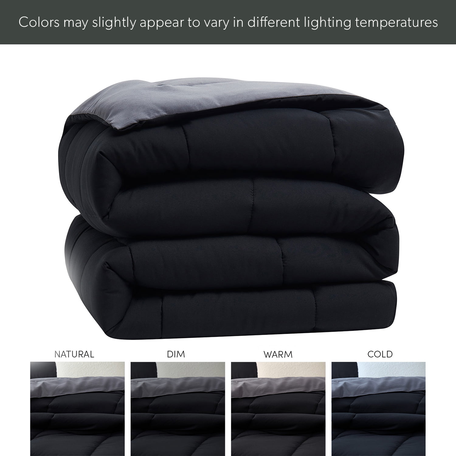 Fluffy Down Alternative Queen Comforter Set, 3 Piece Bed in a Bag, Reversible Down Alternative Bedding Set, Black & Gray - All-Season Down Alternative Comforter Insert Detail