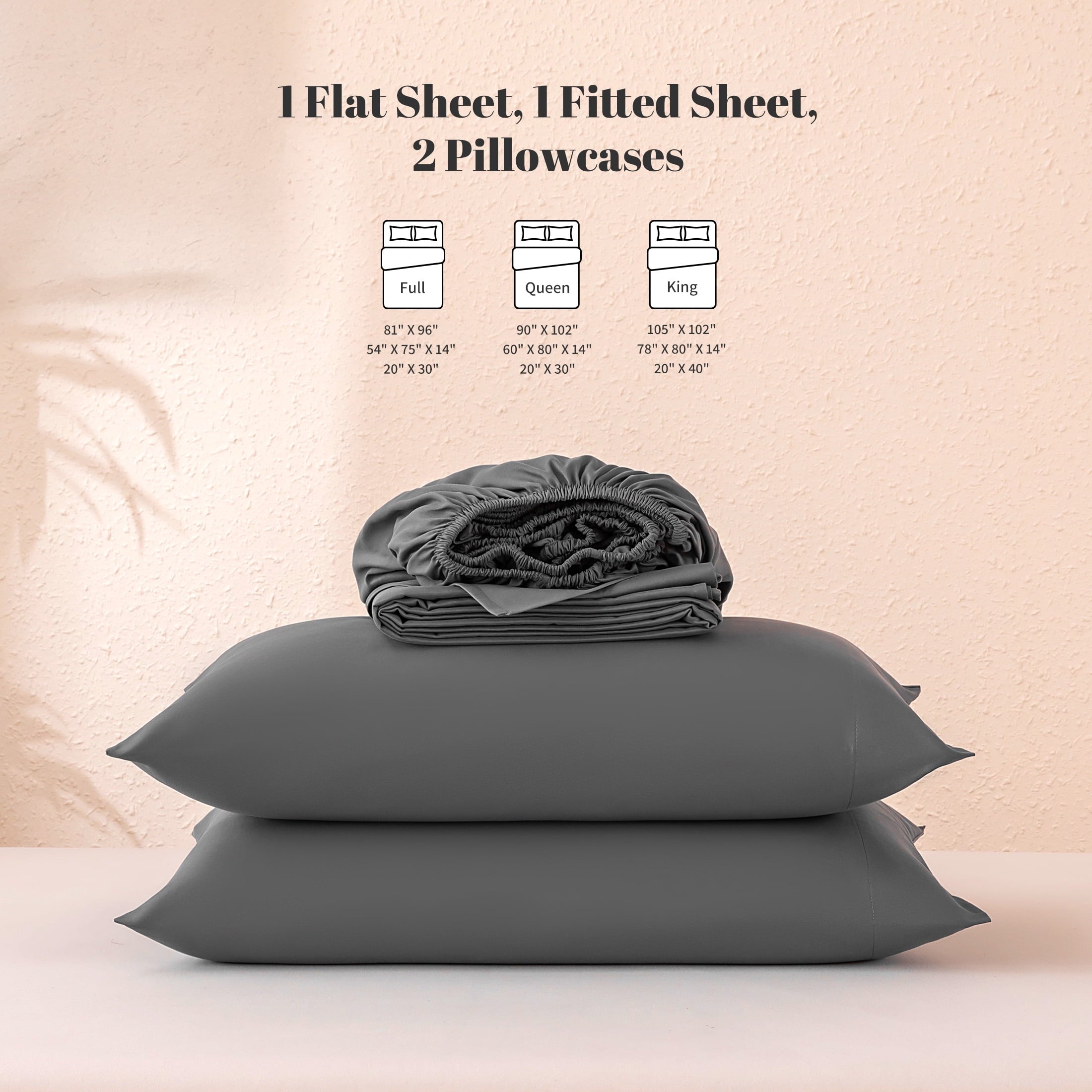 Wrinkle-Resistant Sheet Set Twin Size Gray, 3 Pieces 140 GSM Brushed Elastic Fitted Soft & Cozy Bed Sheets Set with Deep Pocket - Breathable Egyptian Cotton Flat & Fitted Sheets Detail