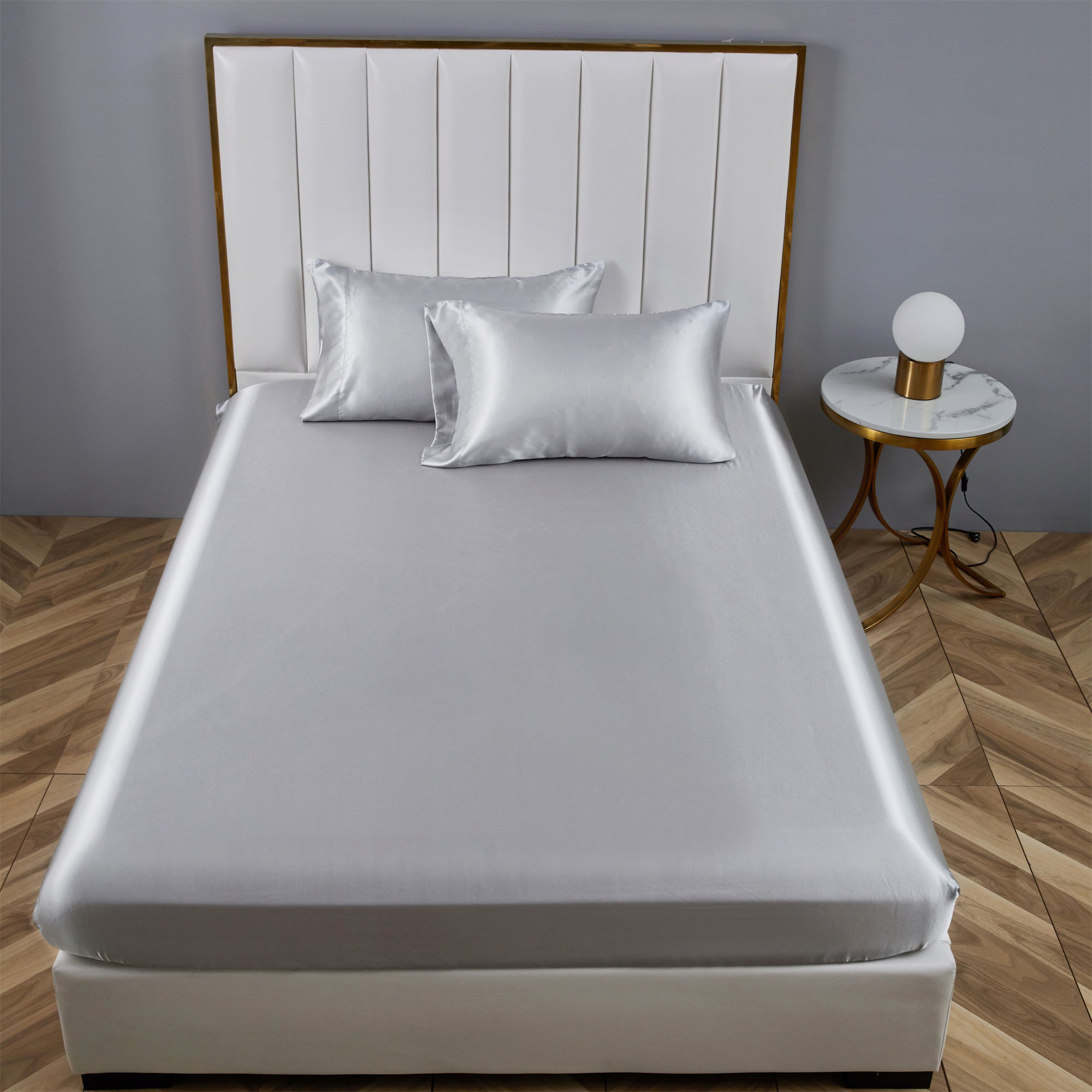 Premium Egyptian Cotton Satin Fitted Sheet King Size 14 Inch Deep Pocket Bed Sheet Silk Sheet Ultra Soft Machine Washable, Light Gray - Premium Ultra-Soft Pillowcase Pair for Sleeping Detail