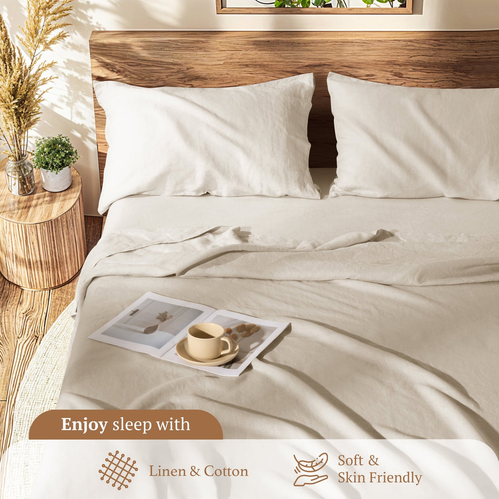 Ultra-Soft Natural Linen Cotton Bed Sheets Set, Deep Pocket - Breathable - Durable - 4 Pieces (Linen, Queen) - Premium Ultra-Soft Pillowcase Pair for Sleeping Detail