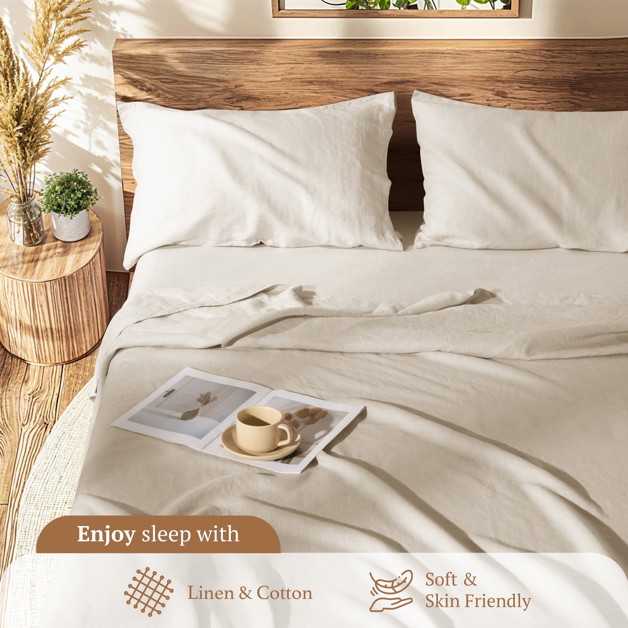 Ultra-Soft Natural Linen Cotton Bed Sheets Set, Deep Pocket - Breathable - Durable - 4 Pieces (Linen, Queen) - Premium Ultra-Soft Pillowcase Pair for Sleeping Detail