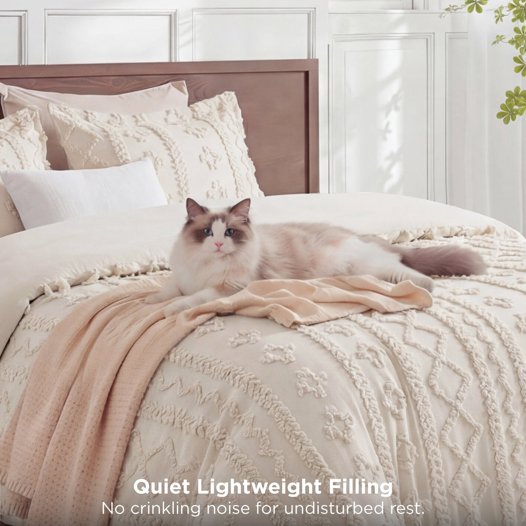 Luxurious Quilted Tufted Boho Comforter Set Queen, Beige, 3 Pieces Farmhouse Shabby Chic Embroidery Bedding Set, Soft Jacquard Comforte... - Luxurious Quilted Duvet Cover Set Detail