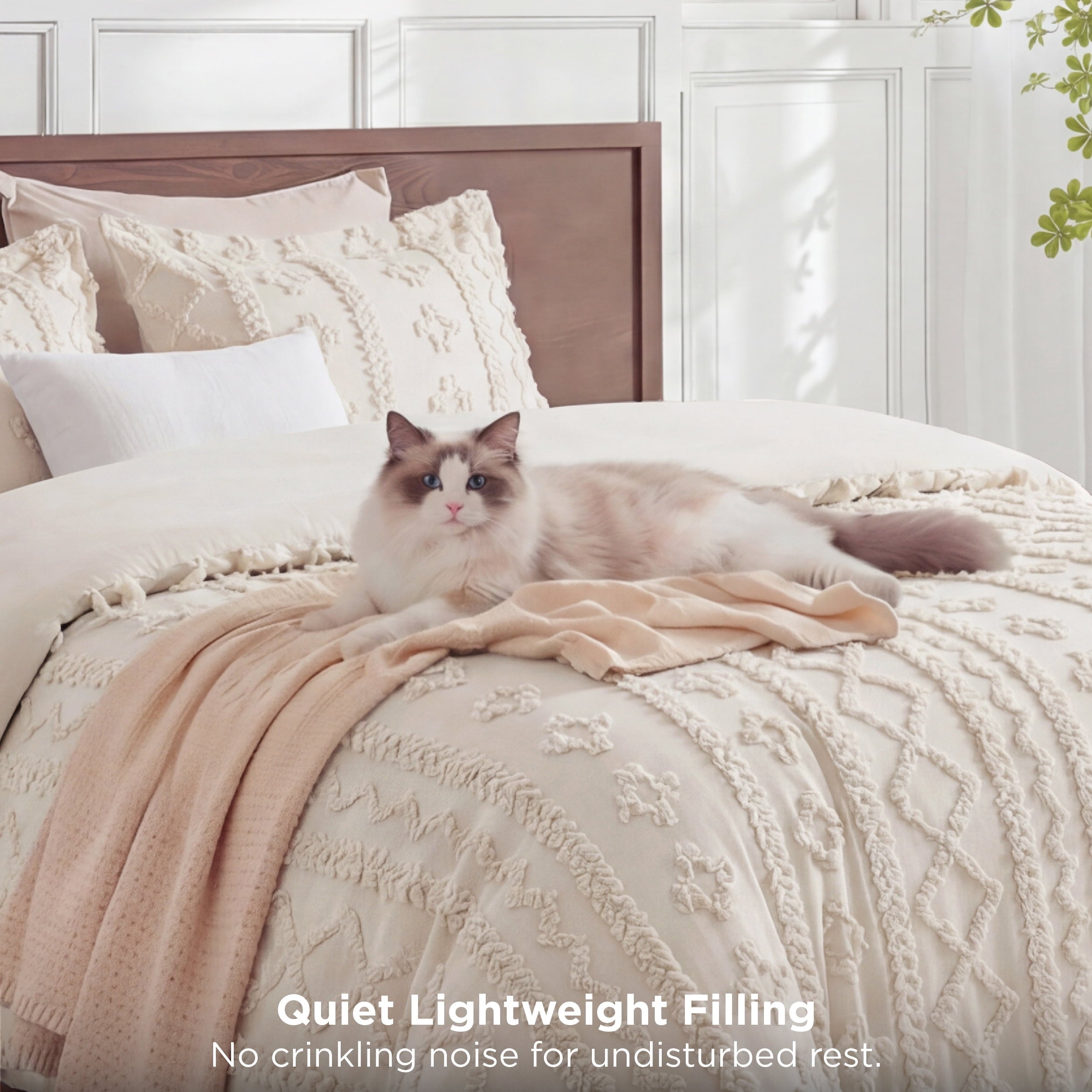 Luxurious Quilted Tufted Boho Comforter Set Queen, Beige, 3 Pieces Farmhouse Shabby Chic Embroidery Bedding Set, Soft Jacquard Comforte... - Luxurious Quilted Duvet Cover Set Detail