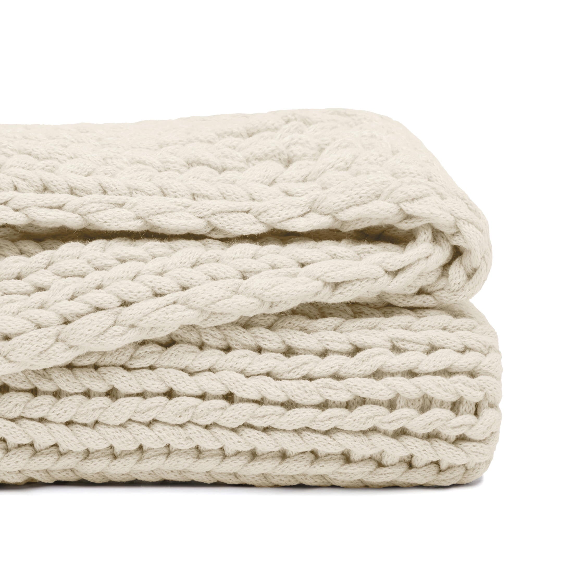 Cozy Fleece Soft & Cozy Chunky Hand-Knit Throw Blanket, Ivory - Luxury Knitted Decorative Throw Blanket with Fringes Detail
