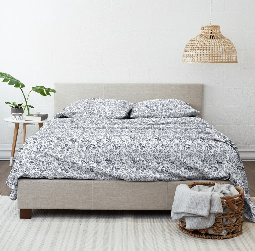 Wrinkle-Resistant 4 Piece Pattern Microfiber Bed Sheets Set, Navy Coarse Paisley, Full - Luxury Bed Sheet Set with Deep Pockets Detail