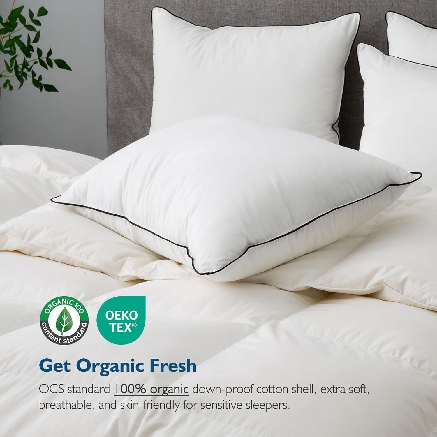 Fluffy Shredded Hypoallergenic 3‑Chamber Goose Feather Down Core Bed Pillows, Standard Size Set of 2, With Microfiber Surround, Soft-... - Ergonomic Memory Foam Pillow for Neck Pain Support Detail