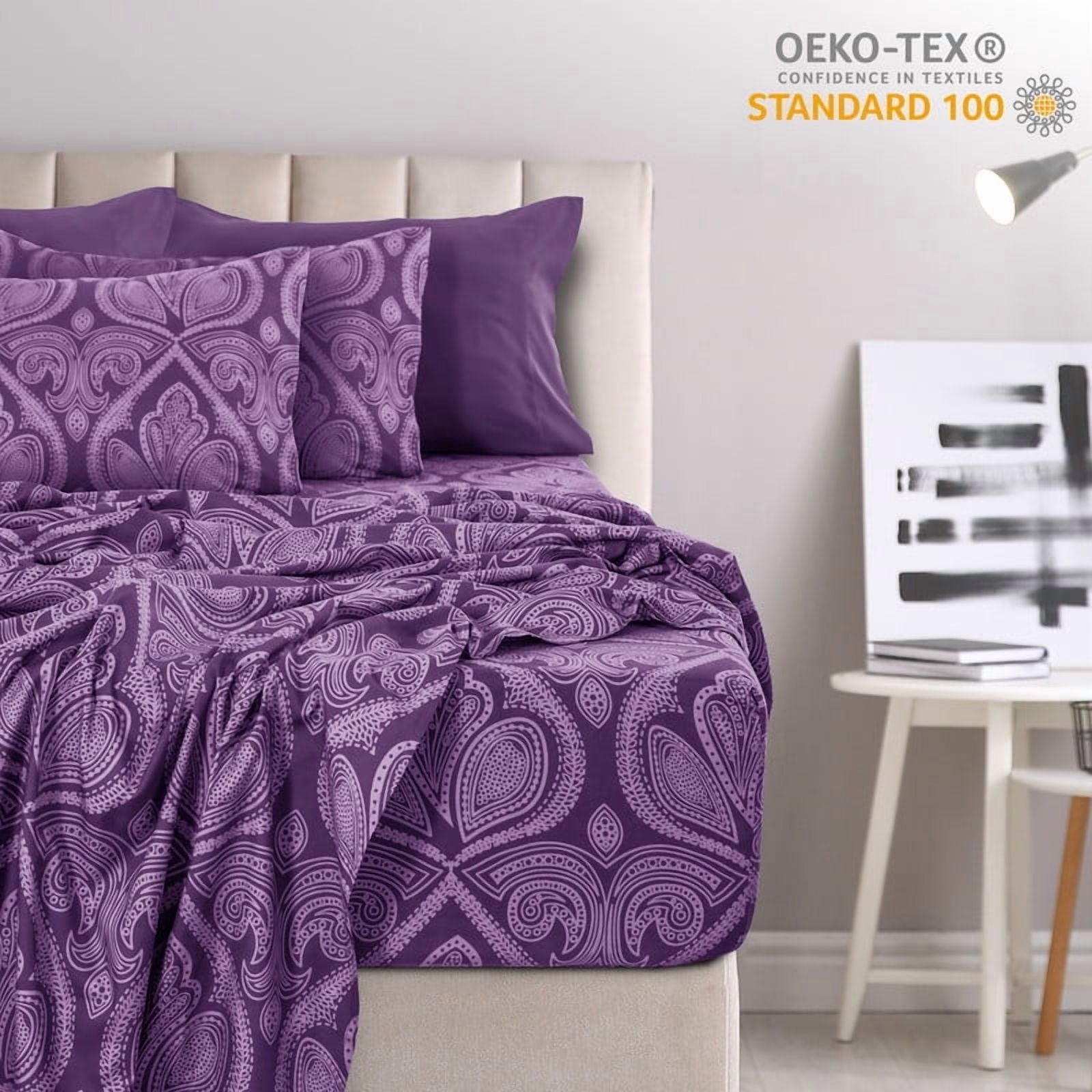Breathable Luxury Paisley Printed Queen Bed Sheets Set, Microfiber 6 Piece Bedding Set - Purple - Premium Ultra-Soft Pillowcase Pair for Sleeping Detail