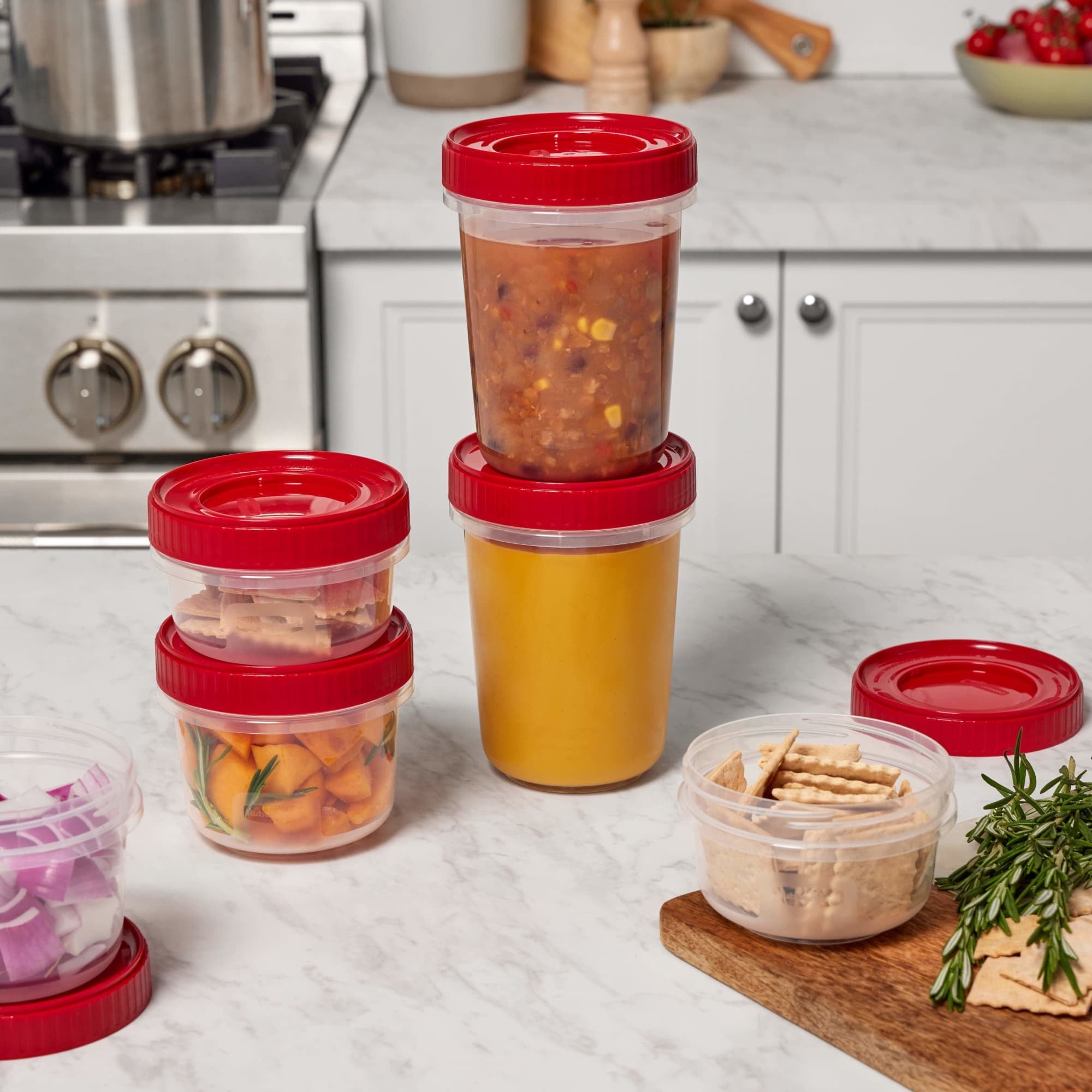 Deliciously Squishy 12 Piece Food Storage Set, Red - Playful Star & Heart Shaped Geometric NeeDoh Detail