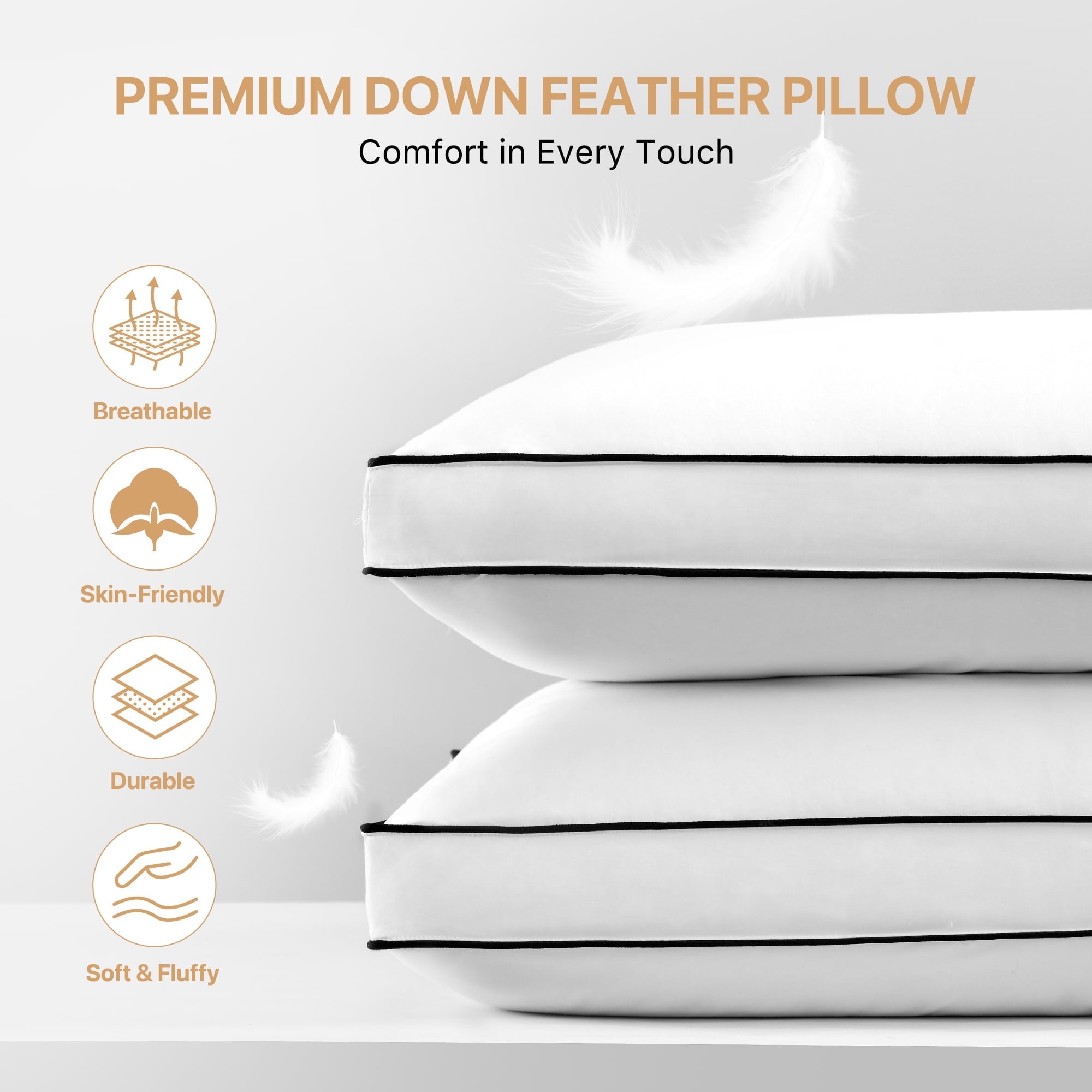 Orthopedic Support Gusseted Feather Down Pillow Set of 2, Medium Firm Hotel Bed Pillows 2 Pack, Queen Size for Side Sleepers, 20 x 30 in - Decorative Throw Pillow Cushion for Sofa & Bed Detail