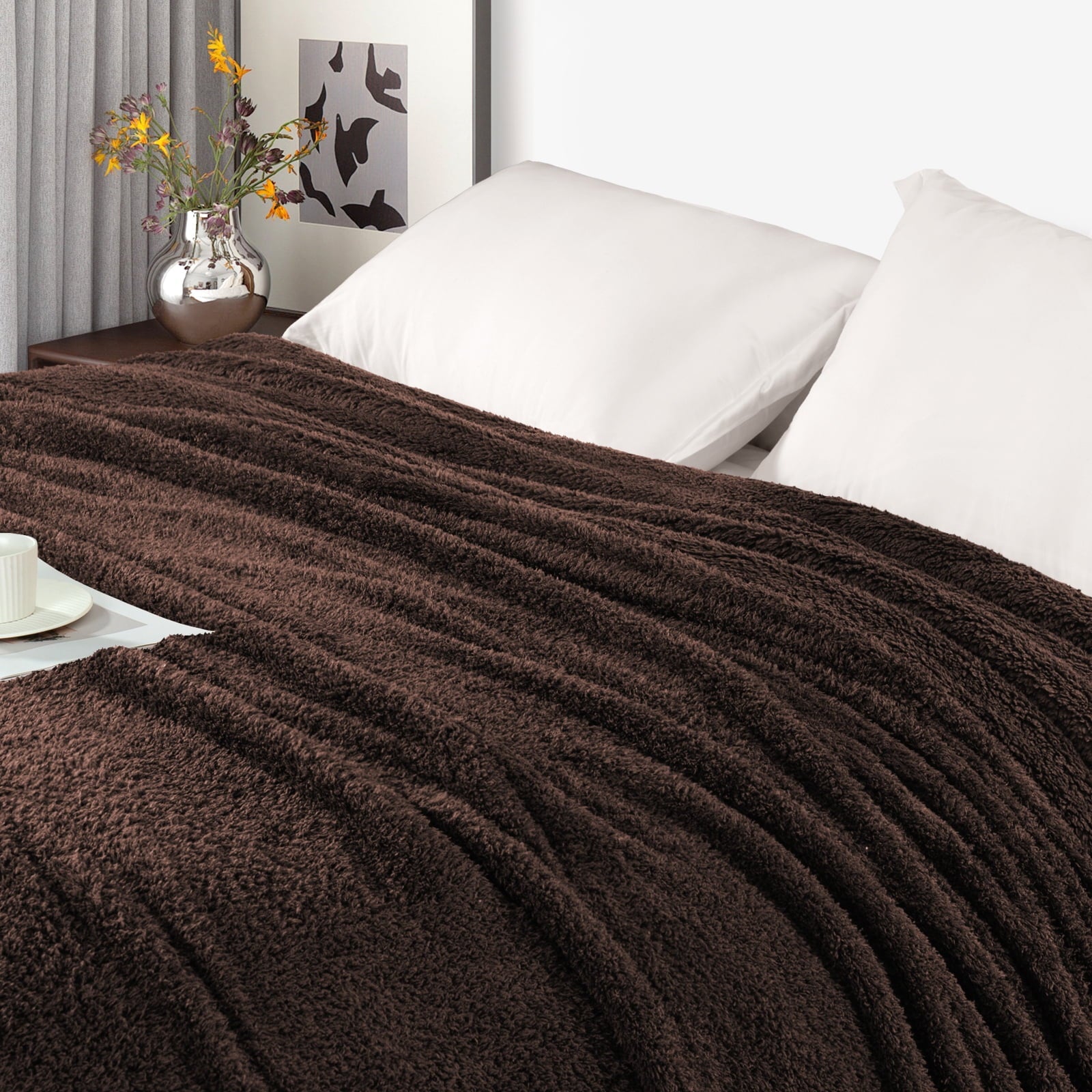 Decorative Knitted Fuzzy Fleece Throw Blanket for Couch Sofa, Lightweight Fluffy Solid Velvet Blanket, 50x60 Inches, Coffee - Super Soft Reversible Sherpa Flannel Blanket Detail
