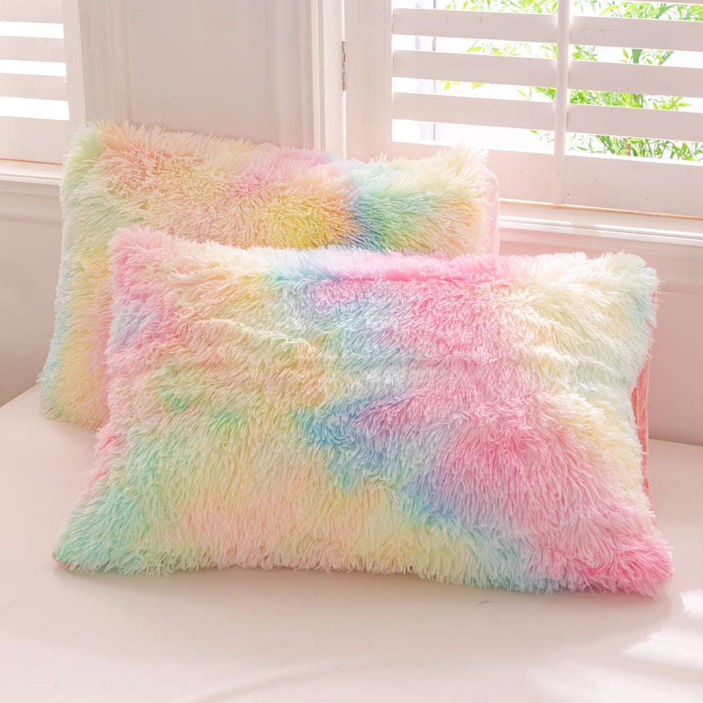All-Season 3Pcs Pink Faux Fur Twin Comforter Set for Girls Tie Dye Rainbow Kid Bed Set Plush Shaggy Bedding Sets Fuzzy Bed Comfo... - All-Season Down Alternative Comforter Insert Detail