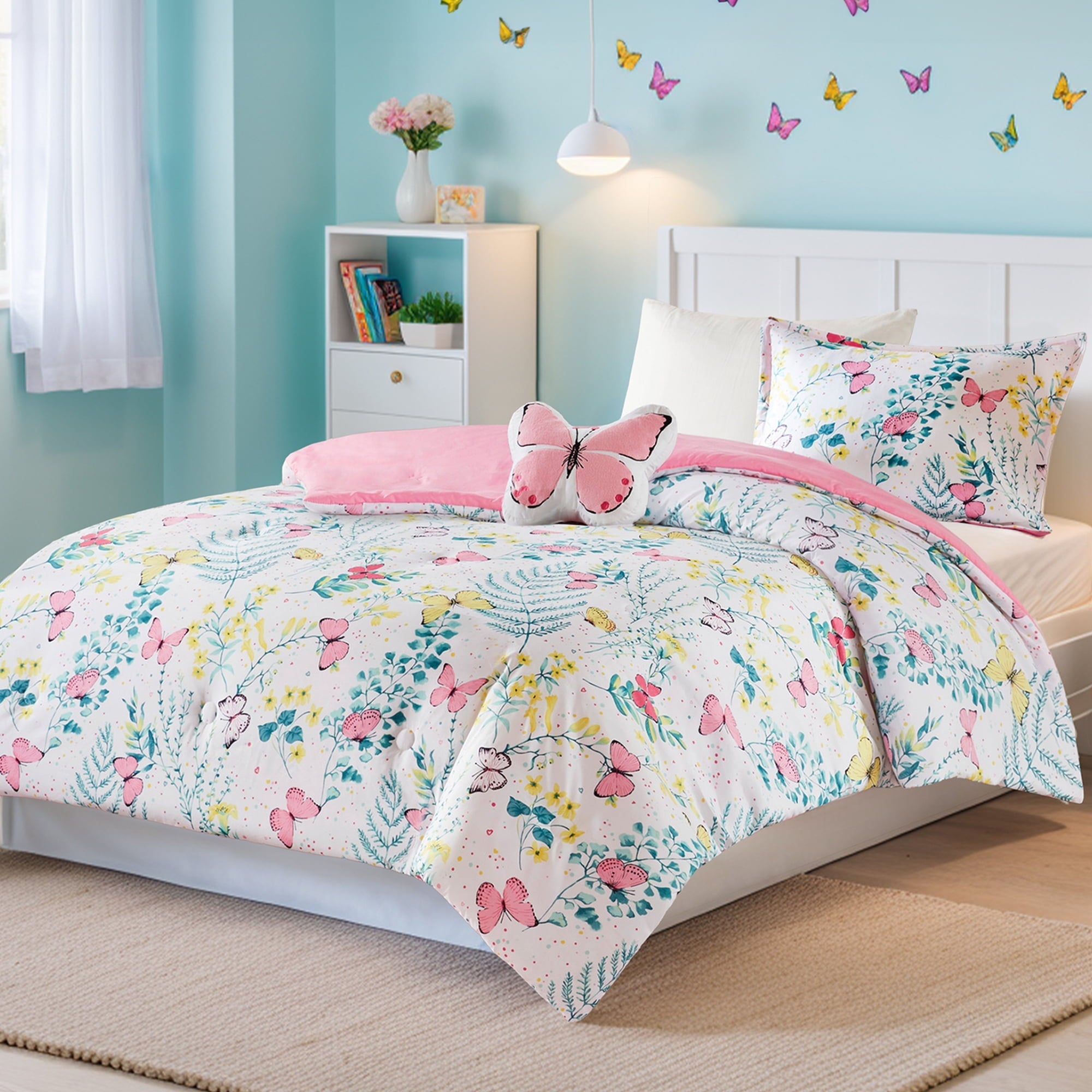 Hypoallergenic Cloud Full/Queen Size Comforter Sets, 4-Piece Kids Bedding Set for Girls, Butterfly Floral Comforter Bed Set, White/Pink - Luxurious Quilted Duvet Cover Set Detail