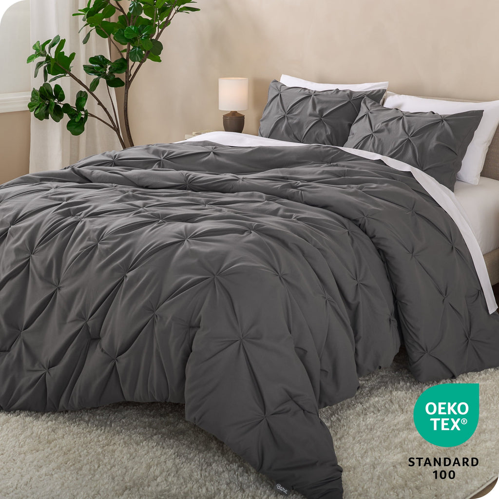 Fluffy Down Alternative Pintuck Down Alternative Comforter Set - 3-Pieces - All Seasons - King, Grey - Luxurious Quilted Duvet Cover Set Detail