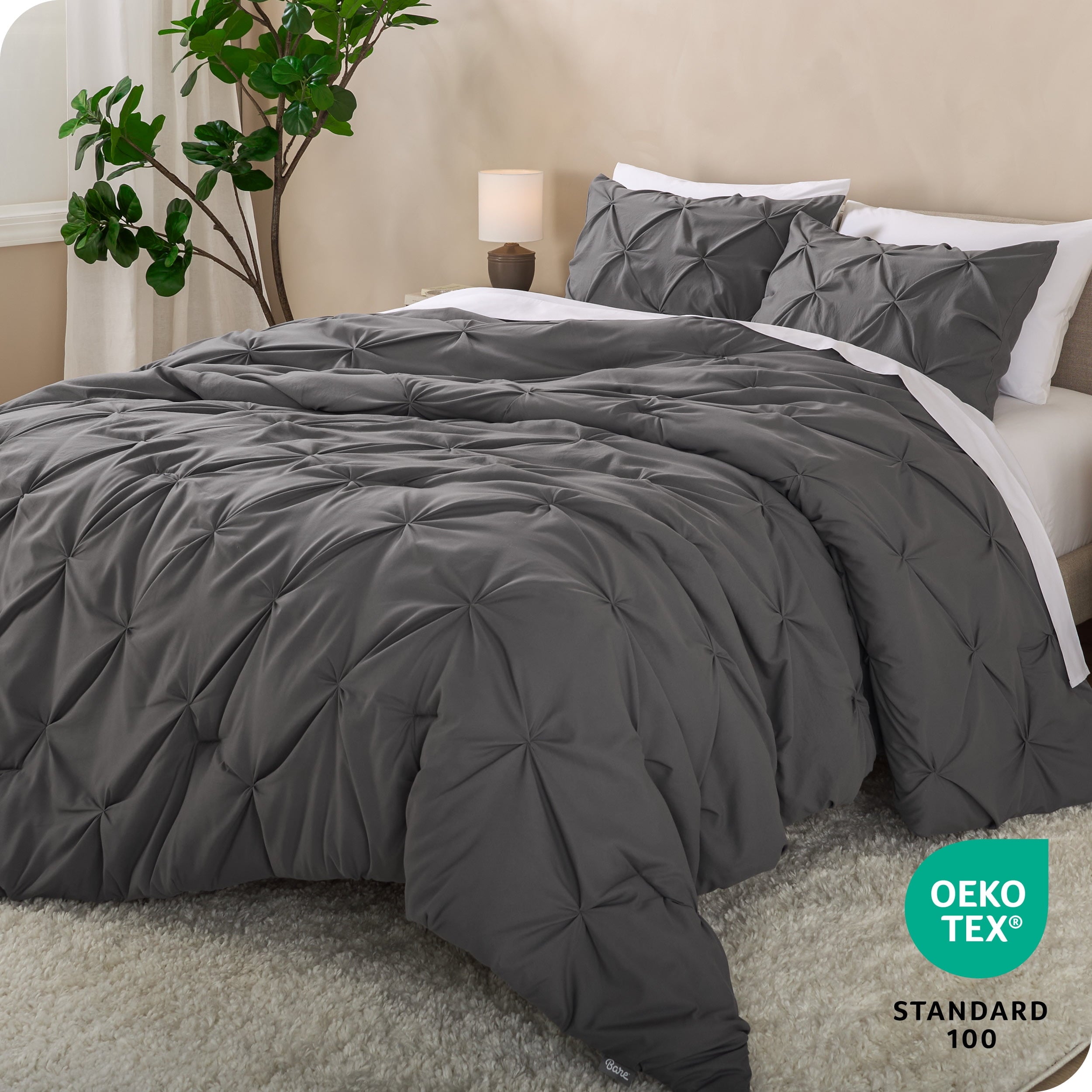 Fluffy Down Alternative Pintuck Down Alternative Comforter Set - 3-Pieces - All Seasons - King, Grey - Luxurious Quilted Duvet Cover Set Detail