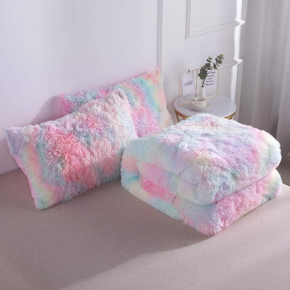 All-Season Plush Shaggy Comforter Set Fluffy Fuzzy Faux Fur Bedding Set - Microfiber Soft Warm Quilt Set(Rainbow Pink,Queen Size) - Luxurious Quilted Duvet Cover Set Detail