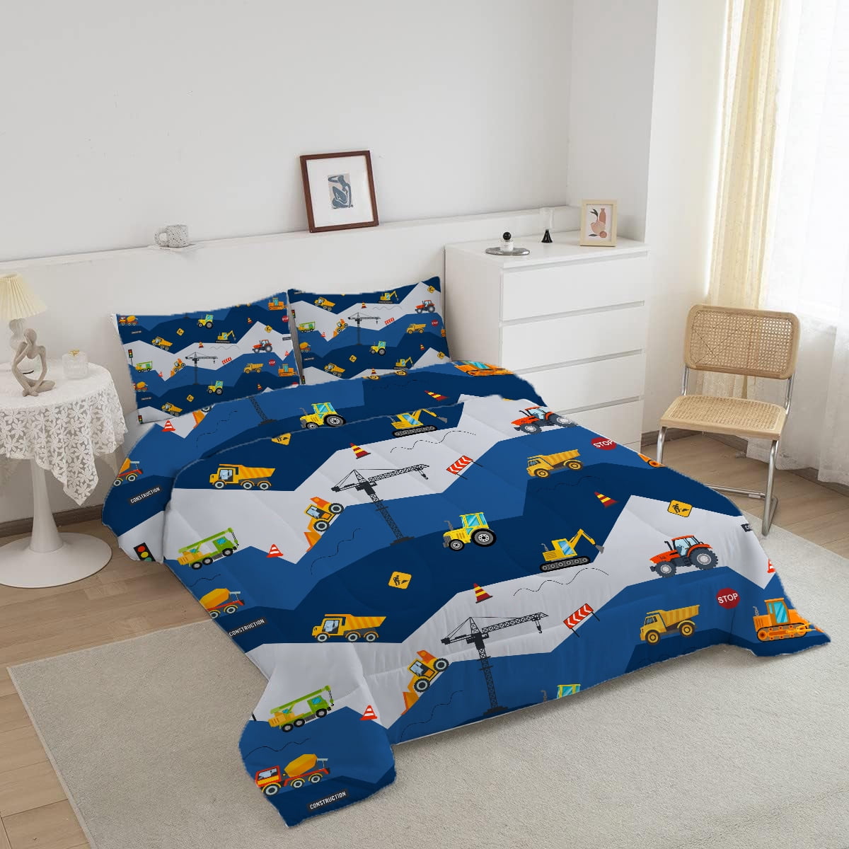 Heavyweight Warmth Car Comforter Set Construction Bedding Set for Boys Kids Trucks Comforter Cartoon Car Excavator Tractor Blue 3Pcs Twin - All-Season Down Alternative Comforter Insert Detail