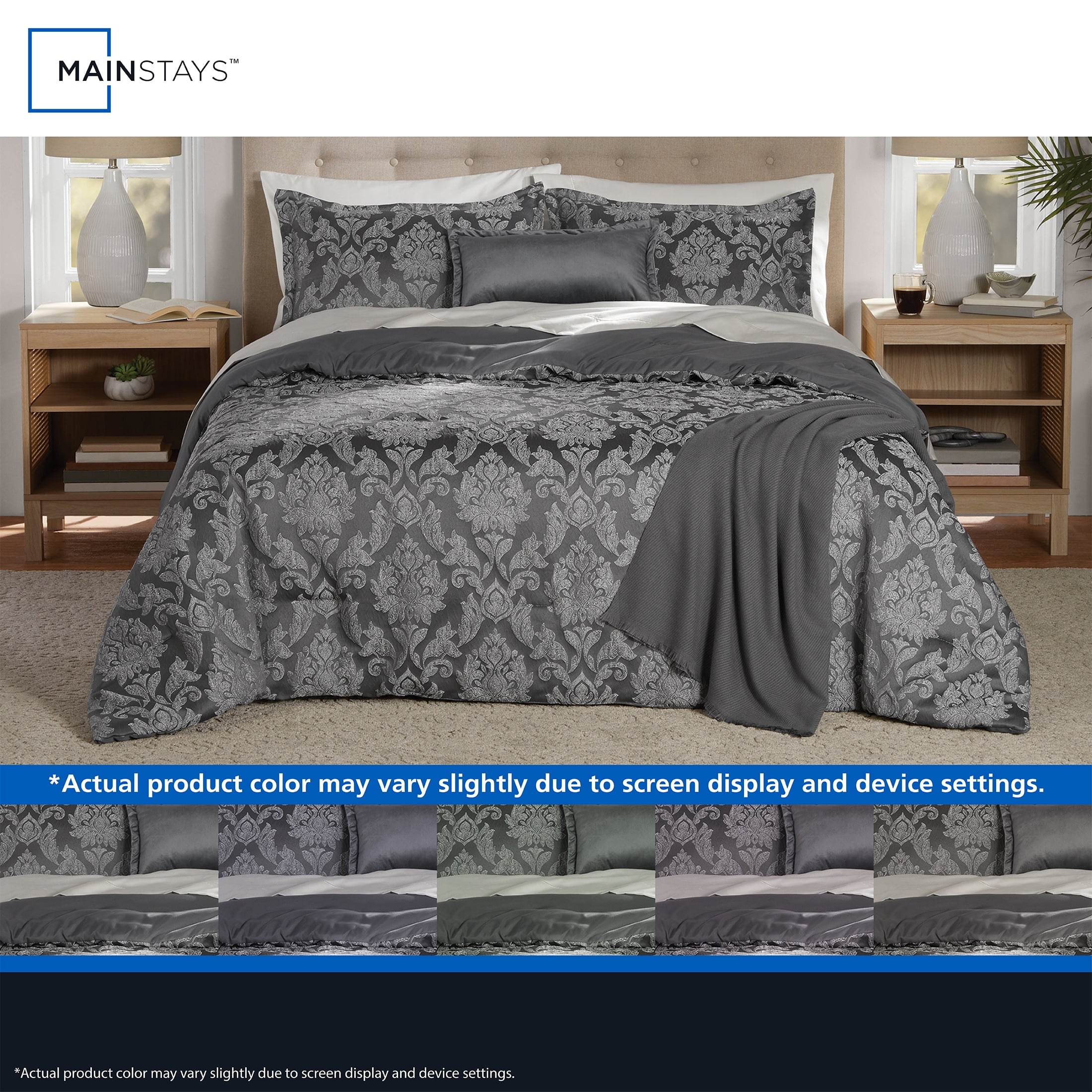 Heavyweight Warmth Full/Queen Comforter Set, All-Season, 5-Piece, Grey Jacquard Damask - Luxurious Quilted Duvet Cover Set Detail