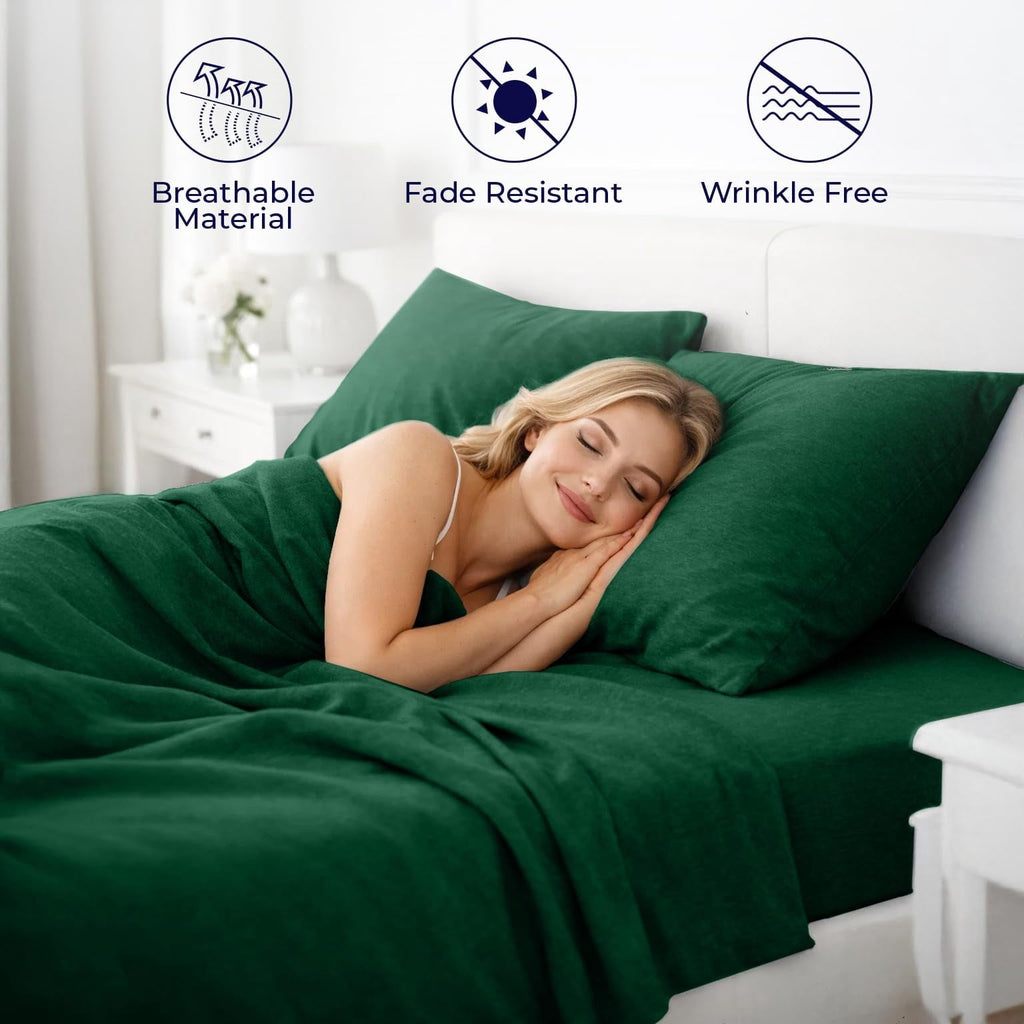 Cooling Sateen Bed Sheet Set Twin 3 Piece Hunter Green Breathable Soft Cotton Jersey Sheets with Deep Pockets, Unisex - Premium Ultra-Soft Pillowcase Pair for Sleeping Detail