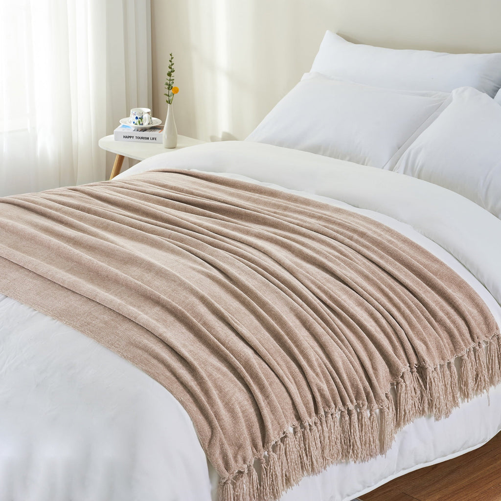 Reversible Sherpa Chenille Throw Blanket with Fringe Tassel for Couch Sofa Chair Bed, Taupe 50" X 60" - Cozy Fleece Throw Blanket for Couch & Bed Detail