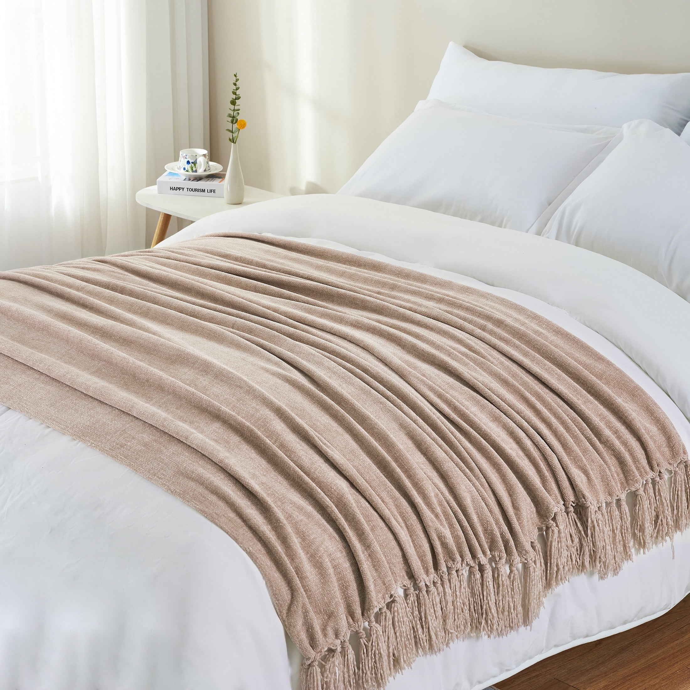 Reversible Sherpa Chenille Throw Blanket with Fringe Tassel for Couch Sofa Chair Bed, Taupe 50" X 60" - Cozy Fleece Throw Blanket for Couch & Bed Detail
