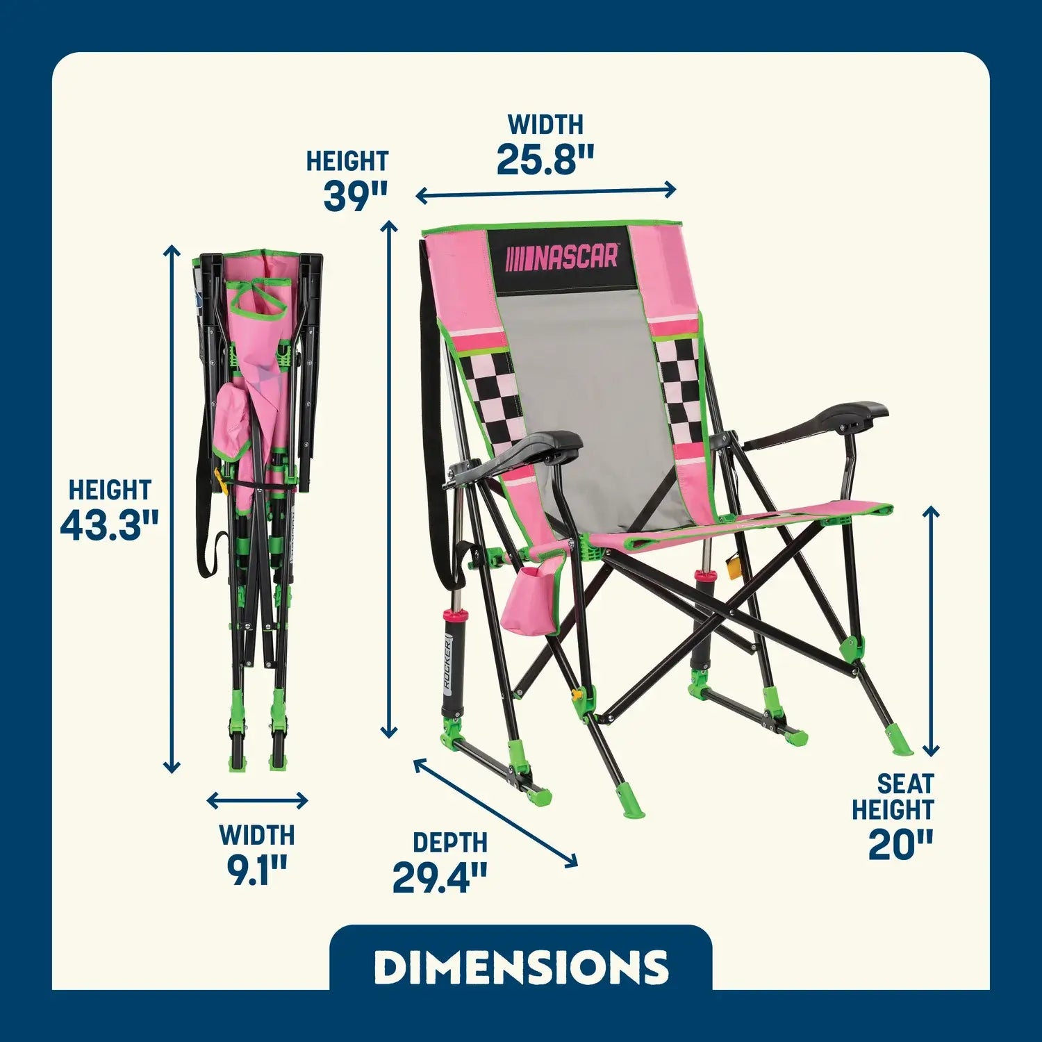 Smooth Motion RoadTrip Rocker - NASCAR For Her - Choice 560 - Patented Spring-Action Rocking Chair for Camping Detail