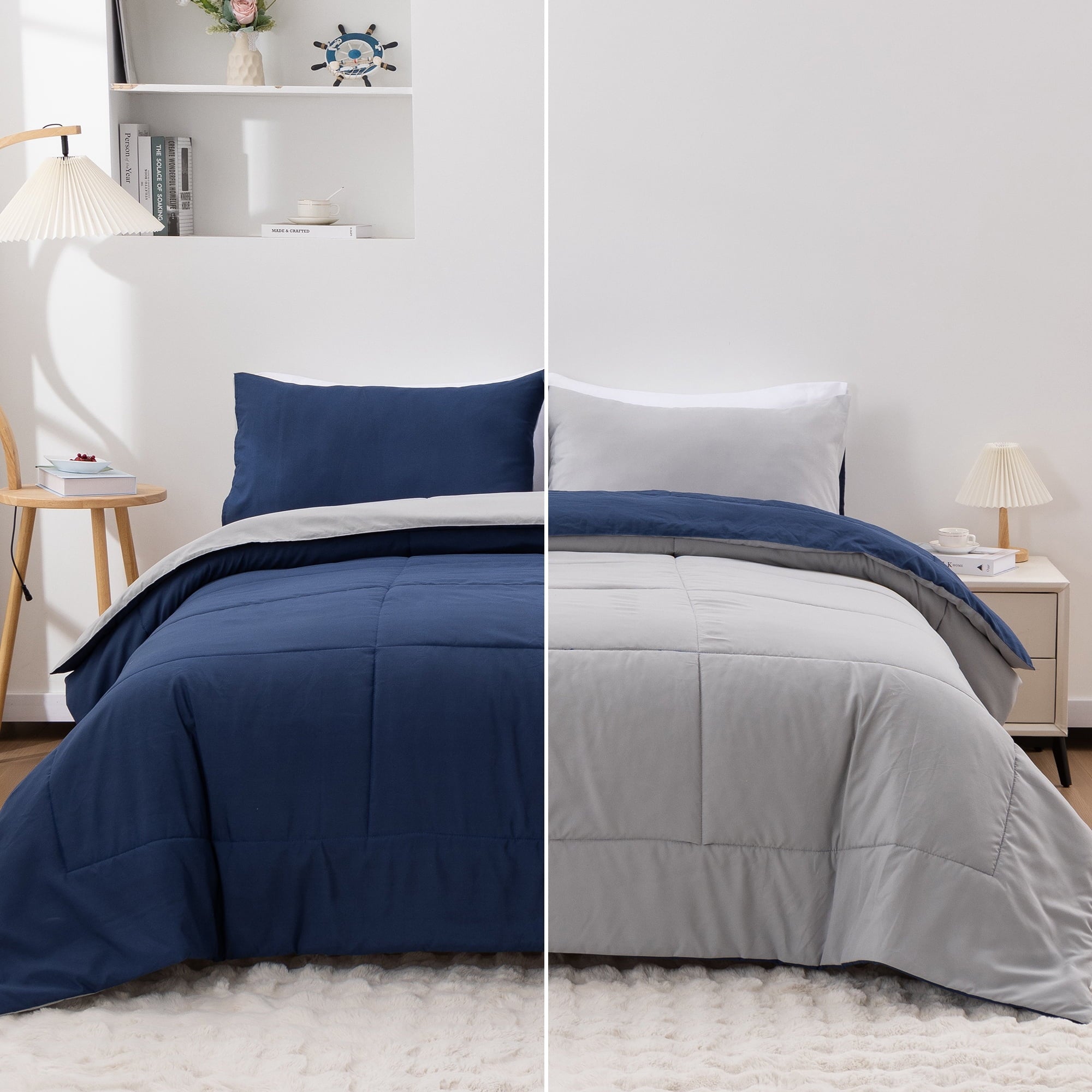 Heavyweight Warmth Queen Comforter Set All Season Reversible Bed Set with 2 Pillow Cases 3 Pieces Bedding Sets Down Alternative Blue/Gra... - Luxurious Quilted Duvet Cover Set - Default Title
