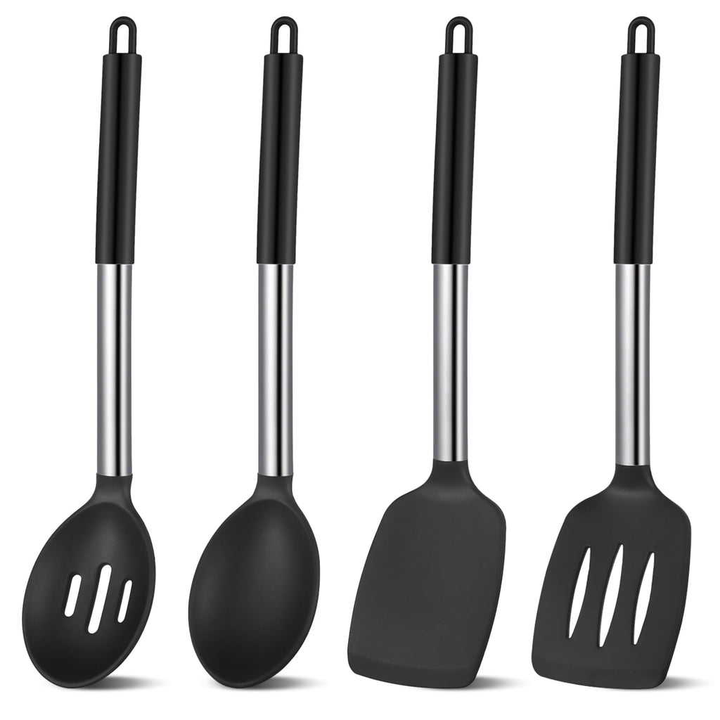 Ergonomic Cooking Silicone Cooking Spatulas and Spoons, 4 Pack Heat Resistant Silicone Cooking Utensils Set, Non-stick Large Ki... - Ergonomic Kitchen Tongs and Cooking Spoon Utensil - Default Title