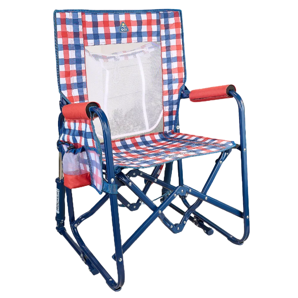 Luxury Camp Stowaway Rocker with Storage Pouch - Choice 573 - RoadTrip Rocker Smooth Motion Camp Chair - Patriotic Plaid