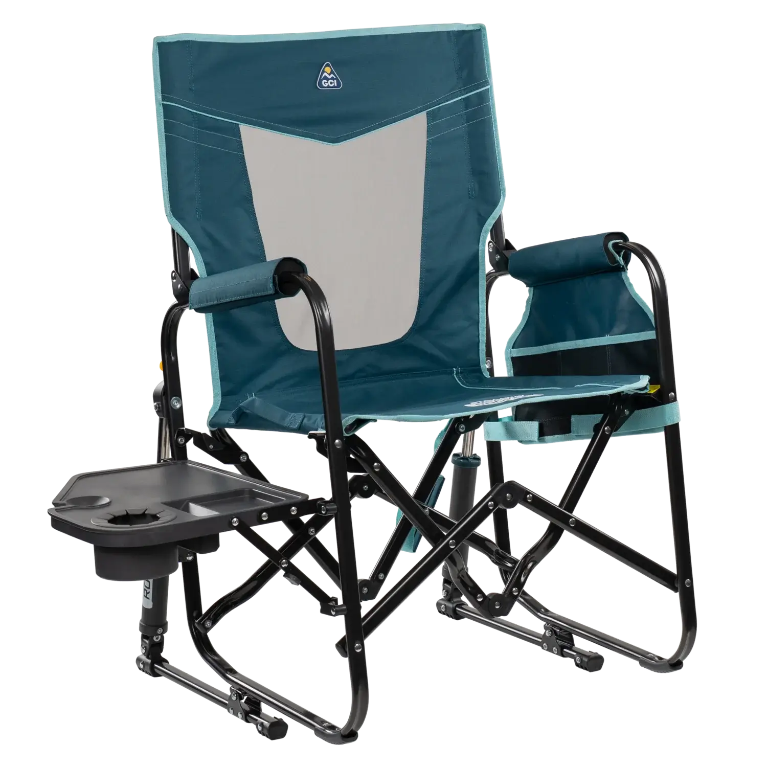 Patented Spring-Action Stowaway Rocker with Side Table - Choice 253 - Freestyle Rocker Portable Outdoor Folding Chair - Teal
